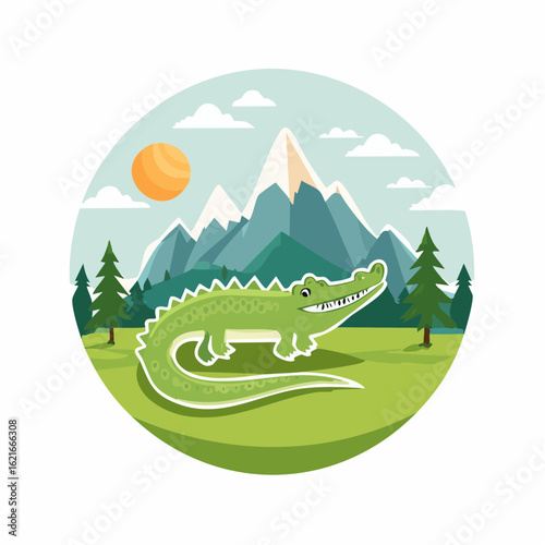 Charming cartoon crocodile enjoying a sunny day amidst a scenic mountain landscape