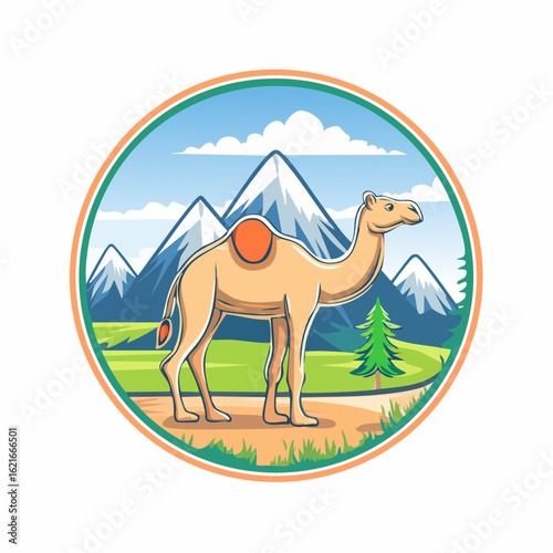 Illustration of a Camel in a Scenic Desert Landscape Encased in a Circle Frame