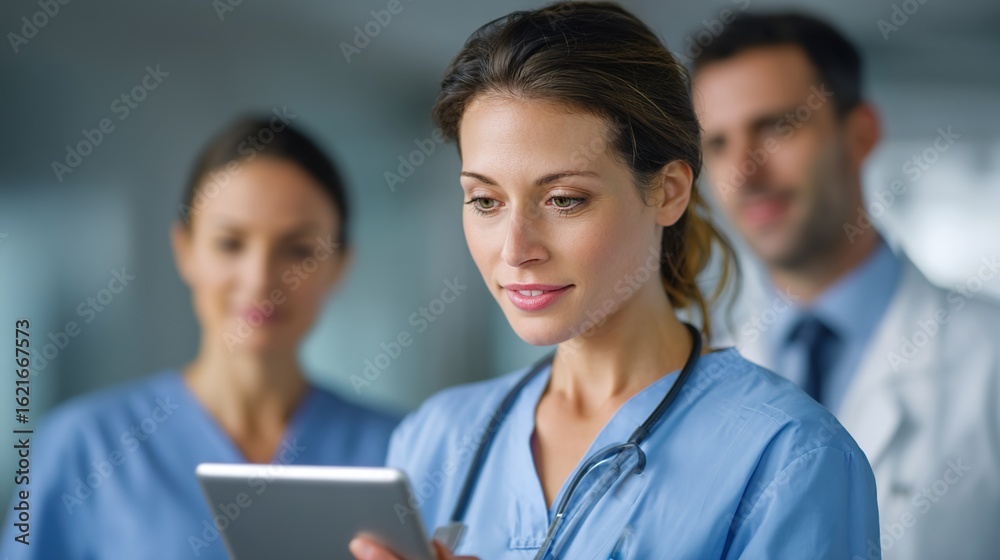 Medical Team Consultation: A focused healthcare professional, clad in a medical scrub, intently reviews information on a digital tablet, accompanied by colleagues in a modern. Medical Team Consultation: A focused healthcare professional, clad in a medical scrub, intently reviews information on a digital tablet, accompanied by colleagues in a modern.