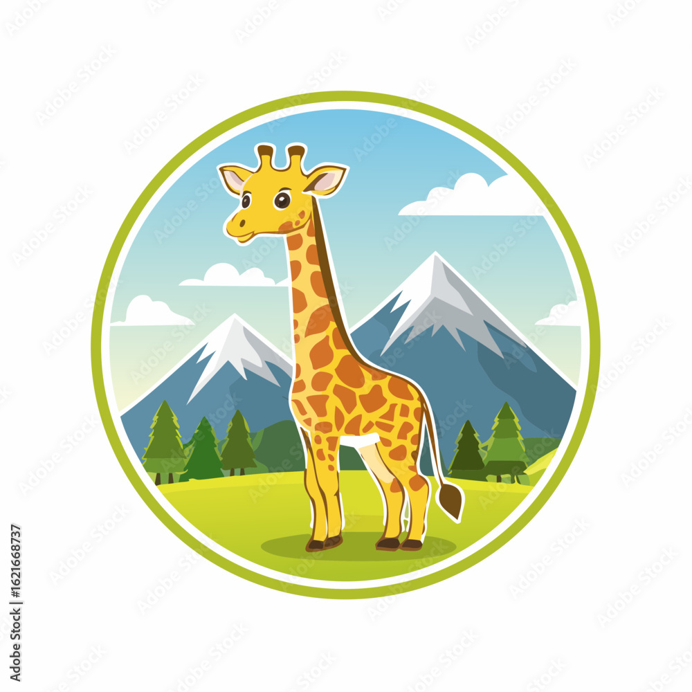Fototapeta premium Cute Giraffe Cartoon Illustration with Snowy Mountains Background and Greenery Surroundings in Frame