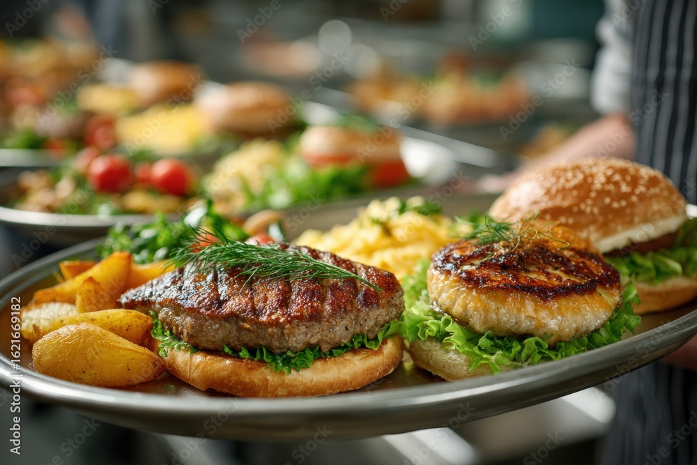 Fototapeta premium Catering service distributing plates with burgers, fish, potatoes and vegetables in a professional kitchen