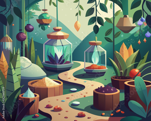 colorful illustration of a magical garden where spices grow in crystalline formations