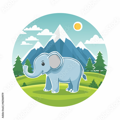 A charming cartoon elephant in a mountainous landscape under a sunny sky evoking childhood joy