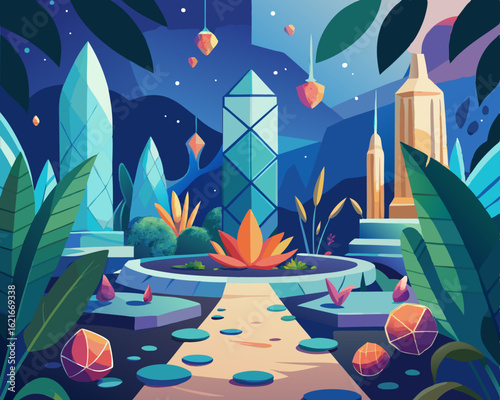 colorful illustration of a magical garden where spices grow in crystalline formations