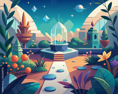 colorful illustration of a magical garden where spices grow in crystalline formations