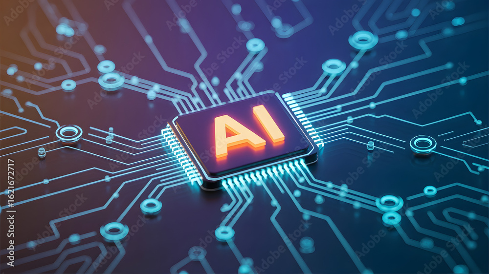 Fototapeta premium Modern AI chip glowing with digital connectivity showcases cutting edge machine learning and neural network technology for innovative applications