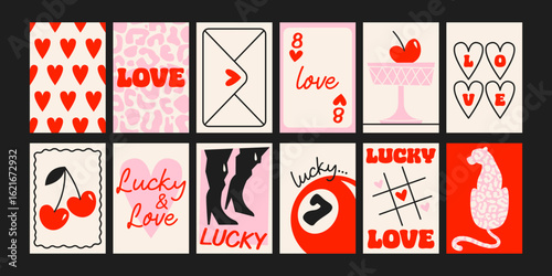 Abstract Lucky girl posters. Trendy bows, girly things, party, hearts, cherries, dice with positive quotes. Cartoon doodle groovy banners for greeting cards and posters