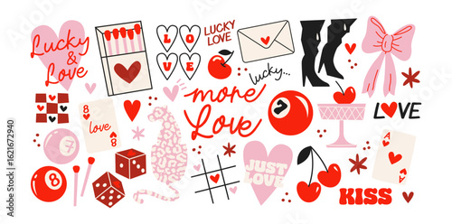 Lucky girls cartoon cute stickers. Set of girly patches of girl power badges in retro doodle groovy vintage 90s style