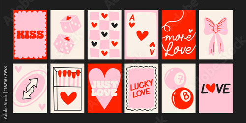 Abstract Lucky girl posters. Trendy bows, girly things, party, hearts, cherries, dice with positive quotes. Cartoon doodle groovy banners for greeting cards and posters