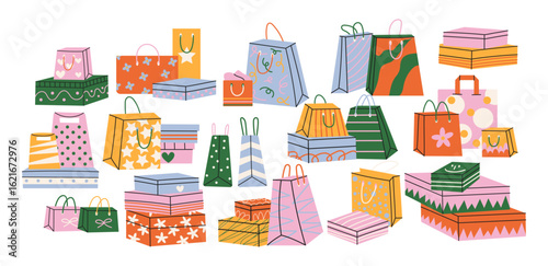 Gift boxes and shopping bags in retro cartoon style. Packaging: festive paper bags, decorative boxes, shopping sacks. Holiday purchase collection, festive wrapping, illustration in retro cartoon style