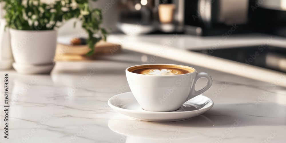 Fototapeta premium White ceramic coffee cup with latte art on a marble countertop.