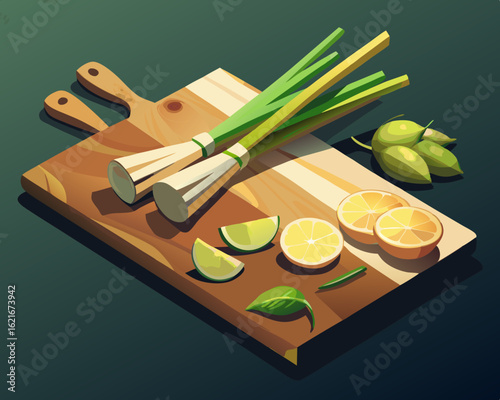 colorful illustration of a rustic cutting board with freshly chopped lemongrass