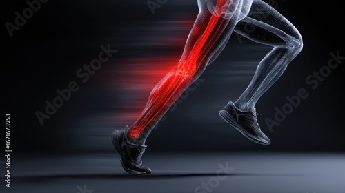 Dynamic graphic of a runners lower leg displaying the red stripe sensation caused by shin splints on the tibia front.