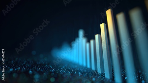 Data Visualization: A vibrant composition showcases data representation through a dynamic array of vertical bars against a backdrop of technological textures, visually narrating growth and trends.