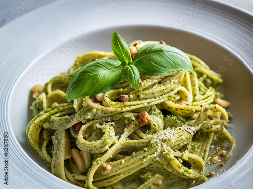 Vibrant Close-up: Trenette or Linguine al Pesto Genovese with Brilliant Green Coating

