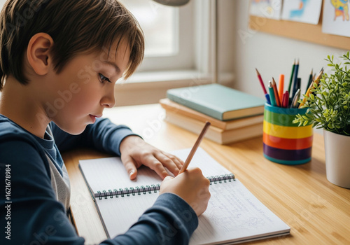 Child Writing at Desk Near Window