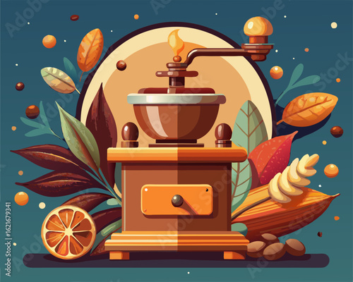 colorful illustration of a vintage spice grinder with nutmeg and cinnamon