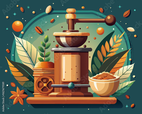 colorful illustration of a vintage spice grinder with nutmeg and cinnamon
