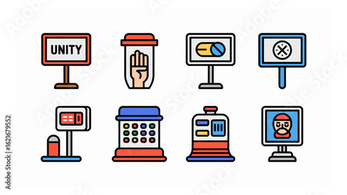 A collection of diverse abstract vector icons representing modern digital interfaces, conceptual elements, and technological controls in a flat design style.