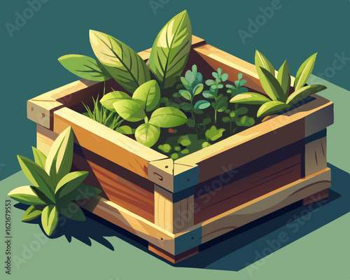 colorful illustration of a wooden box filled with freshly harvested basil