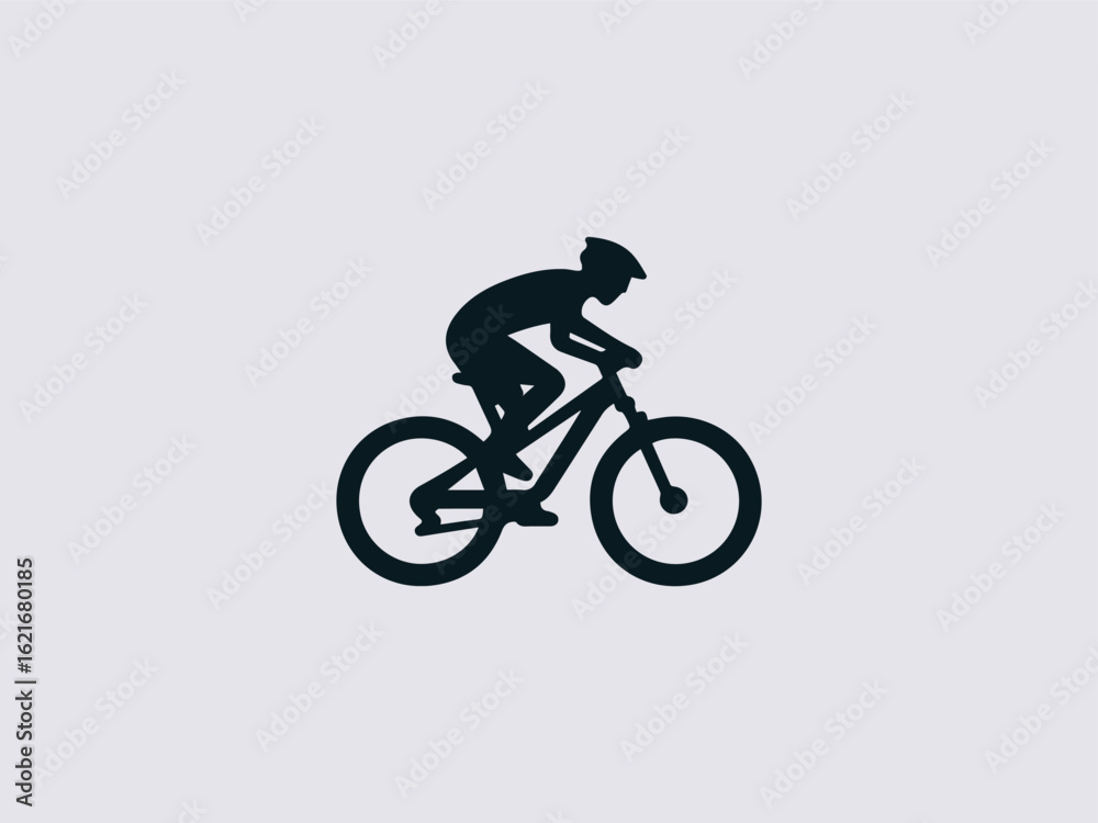 Fototapeta premium Modern mountain bike vector logo with tire treads and peak silhouette for extreme sports brand identity