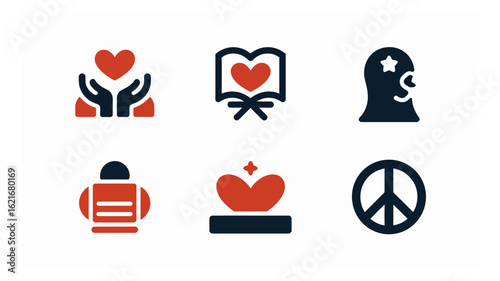 A comprehensive collection of humanitarian and social issue vector icons representing peace, love, knowledge, and community support