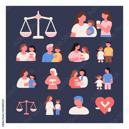 A comprehensive vector illustration set showcasing family bonds, parental care, child welfare, legal support, and diverse family structures and rights.
