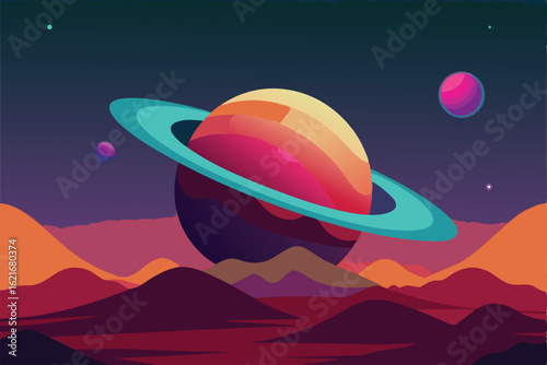 retro sci fi planet landscape with rings and alien.eps