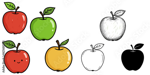 Colorful Apple Icon Set. Varied illustration styles, vibrant vector collection, healthy eating, fruit variety, harvest concept. For food blogs, market materials, educational resources