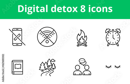 Digital Detox Icons. Technology disconnection symbols, minimal linear style, monochrome, digital well-being, mindfulness concept. For wellness apps, screen time management, healthy lifestyle