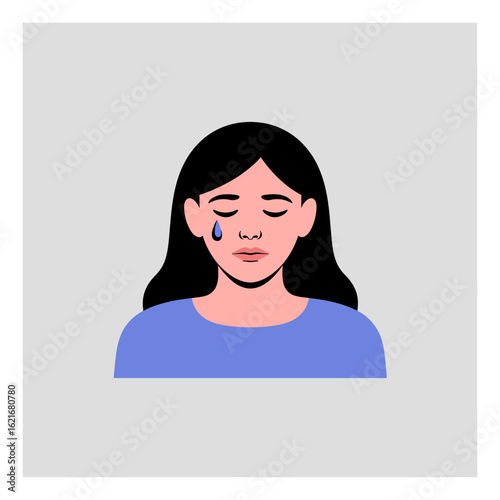A graphic depiction of a crying woman with closed eyes and a tear, representing profound sadness, grief, and mental distress.