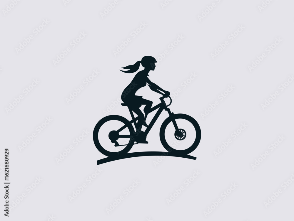 Fototapeta premium Modern mountain bike vector logo with tire treads and peak silhouette for extreme sports brand identity