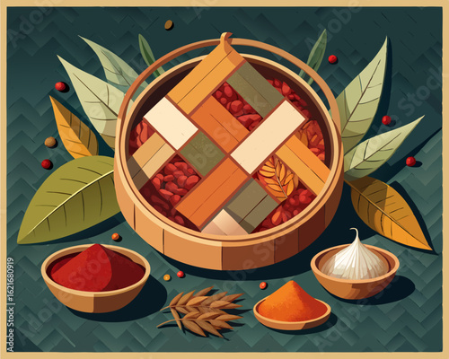 colorful illustration of a woven spice basket with compartments for saffron