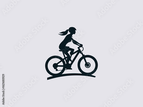 Modern mountain bike vector logo with tire treads and peak silhouette for extreme sports brand identity