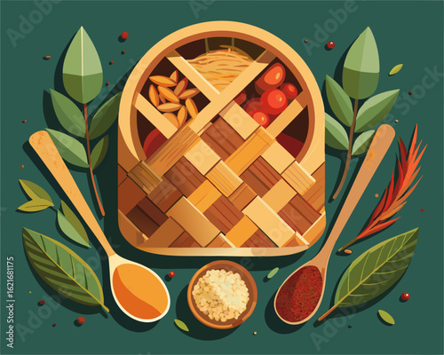 colorful illustration of a woven spice basket with compartments for saffron