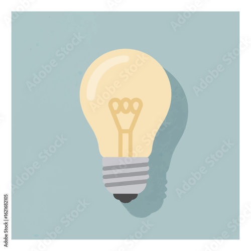 A simple vector illustration of a glowing yellow light bulb with a grey base casting a subtle shadow on a light blue background