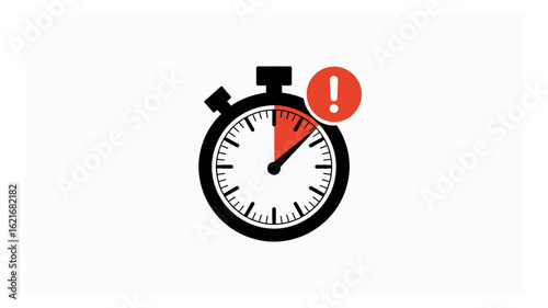 A stark black and white stopwatch illustration with a critical red segment and a prominent exclamation mark signaling urgent time.
