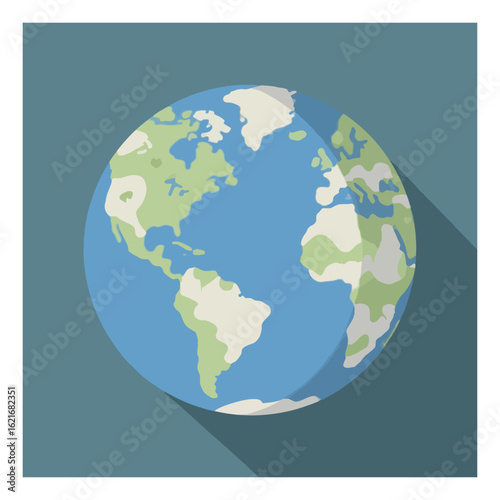 A stylized vector illustration of the Earth globe with visible continents and a modern flat design long shadow effect.