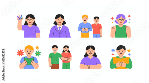 A vibrant collection of flat design illustrations showcasing diverse people engaged in various activities, emotional expressions, and social interactions.