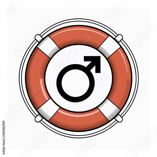 A vibrant orange and white lifebuoy featuring the prominent male gender symbol at its core, set against a clean white background.
