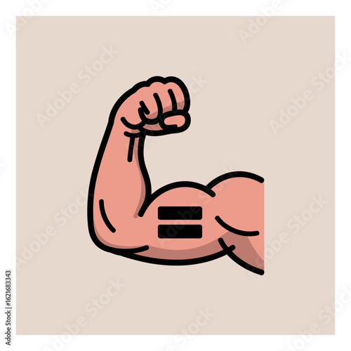 Bold illustration of a muscular arm flexing, featuring an equals sign, symbolizing strength, equality, and empowerment for all.