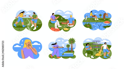 Collection of diverse flat vector illustrations depicting various human activities, outdoor scenes, and lifestyle moments in different environments