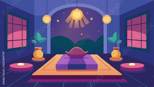 A zen meditation room with soft lighting floor cushions and a calming atmosphere.