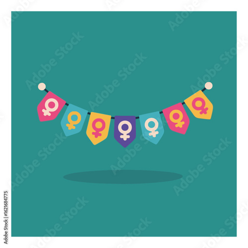 Colorful string of pennant flags, each with a female gender symbol, celebrating women's rights and empowerment.