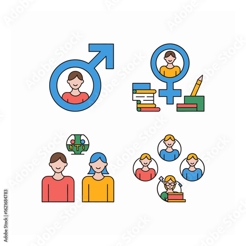 Colorful vector icons illustrating gender identity, male and female symbols, educational resources, and diverse social groups representing modern equality.