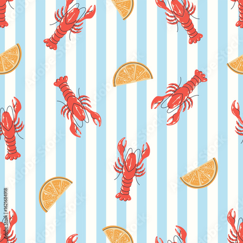 Hand drawn lobsters and lemons seamless pattern on blue and white stripe background. Repeating pattern lobster and lemon for textile, wrapping paper, background.