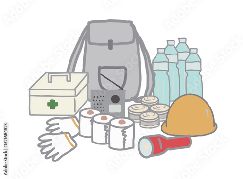 Illustration of a set of supplies to prepare for disaster prevention