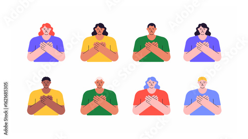 Diverse group of people experiencing chest pain or emotional distress, holding hands crossed over their hearts.