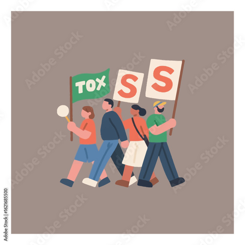 Diverse group of stylized people marching together, holding 'TOX' and 'S' protest signs during a social demonstration or activism event.