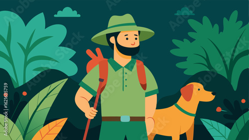 Daring Explorer A character with a visual impairment navigating a lush forest with a guide dog discovering diverse flora and fauna showing companionship and adventure.